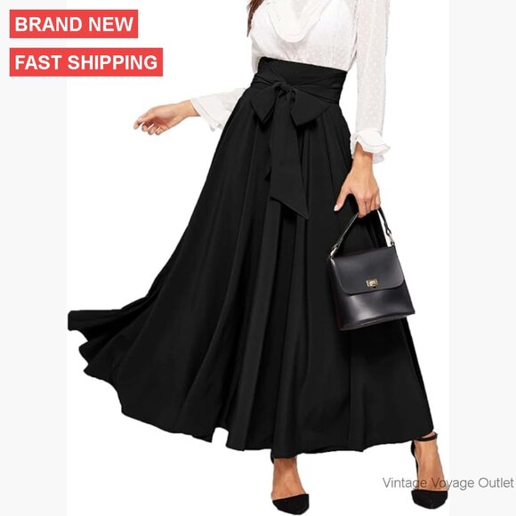 High Waist Pleated Maxi Skirt with Tie Front Polyester Flowy A-Line